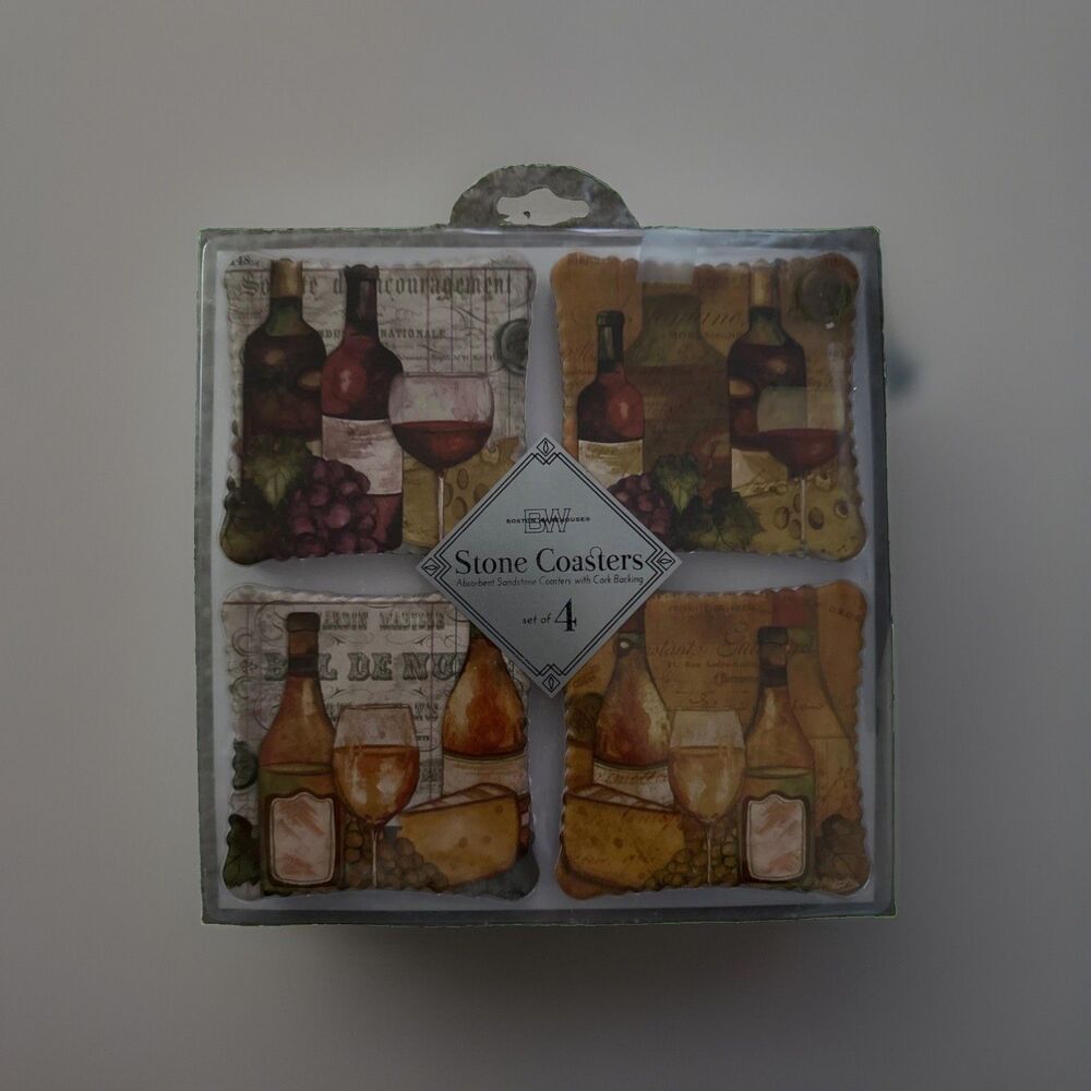 Boston Warehouse Stone Coasters Set of 4 Sandstone Cork and Napkins.